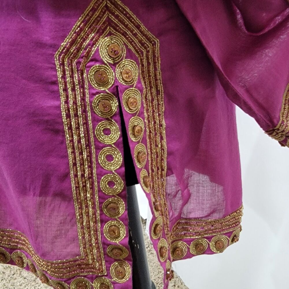 Tory Burch Magenta Sheer Gold Embroidered Beaded Button Trim Tunic Small Artsy - Picture 5 of 12